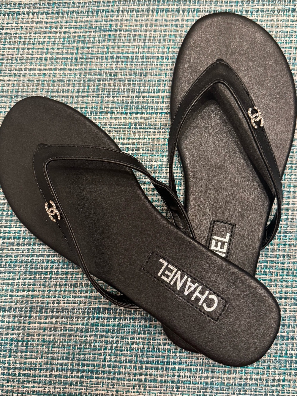 Black Leather Thong Sandals with Crystal CC Charm